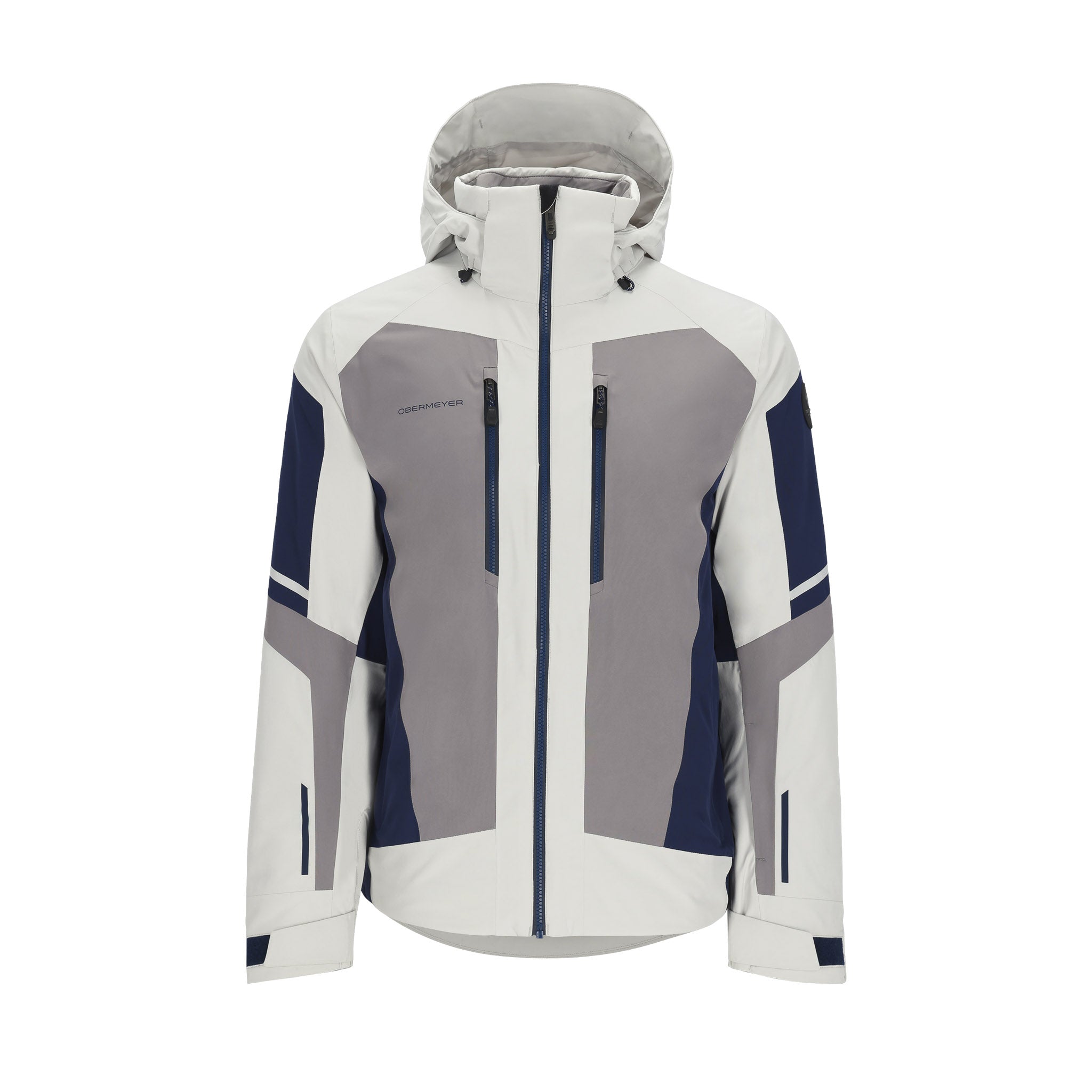 Obermeyer Charger Insulated Jacket 2025 - A white, gray, and navy blue insulated jacket with a hood.