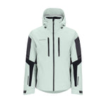 Obermeyer Charger Insulated Jacket 2025 - A light blue jacket with a hood, featuring two zippered pockets on the front and a black zipper running down the middle.