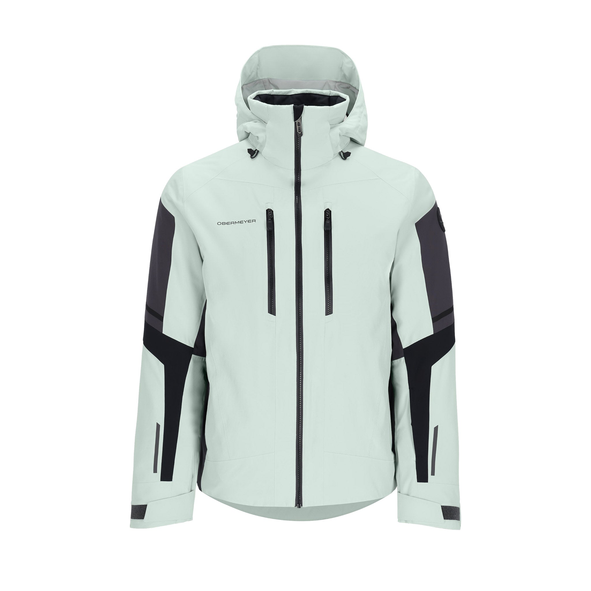 Obermeyer Charger Insulated Jacket 2025 - A light blue jacket with a hood, featuring two zippered pockets on the front and a black zipper running down the middle.