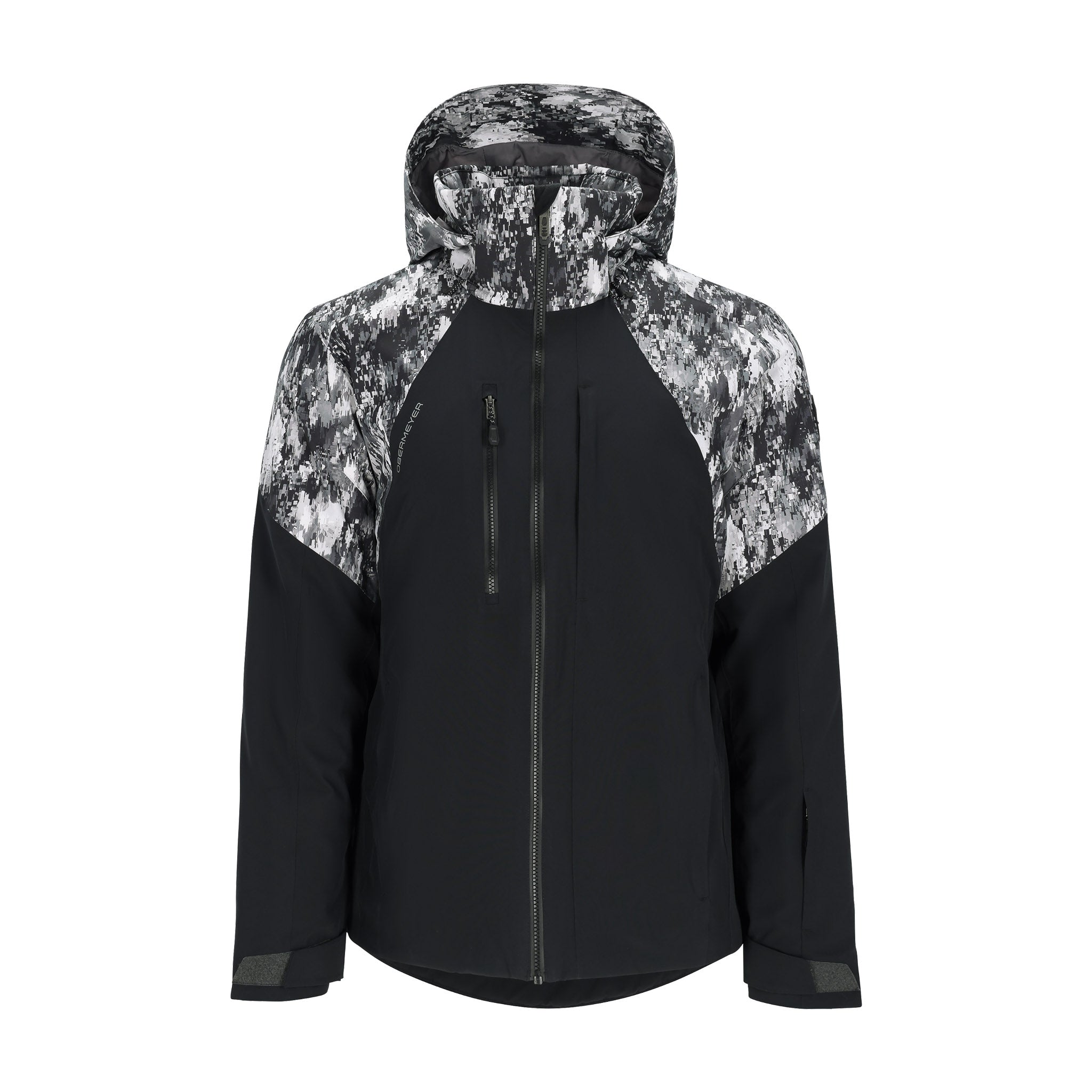 Obermeyer Kenai Insulated Jacket 2025 - A black and white snowboard jacket with a pixelated pattern on the hood, featuring a zippered chest pocket and adjustable cuffs.