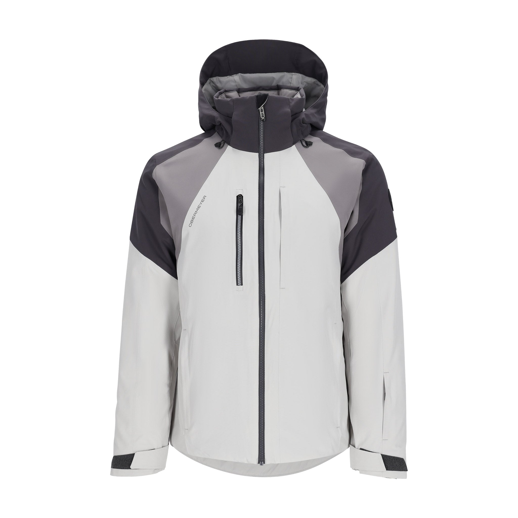 Obermeyer Kenai Insulated Jacket 2025 - A white and grey insulated jacket with a hood, featuring a zippered front and two side pockets.