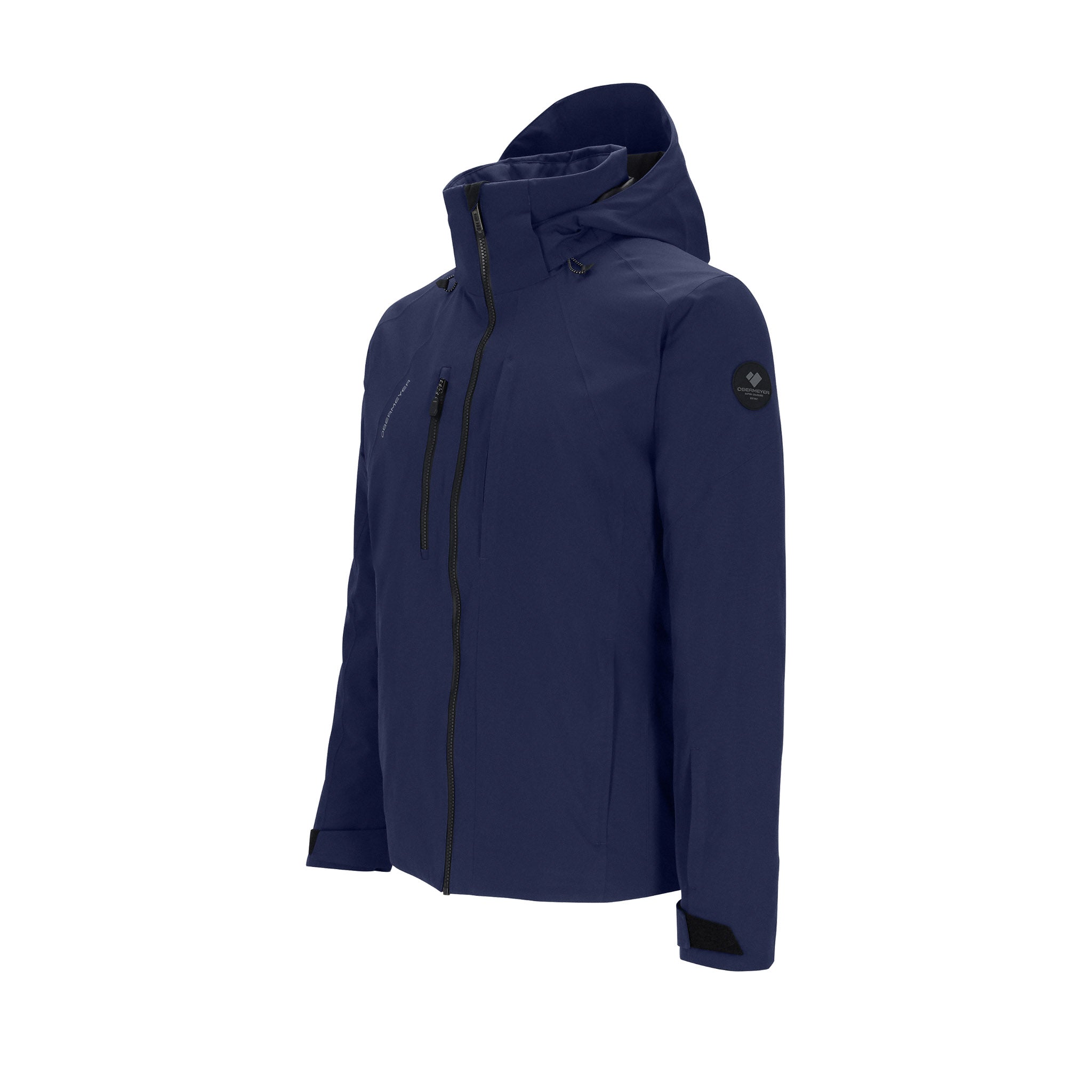 Obermeyer Kenai Insulated Jacket 2025 - A navy blue jacket with a zippered chest pocket and two zippered side pockets, featuring a hood and adjustable cuffs.
