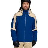 Men's insulated ski jacket in blue with tan side panels, full front zipper, hood