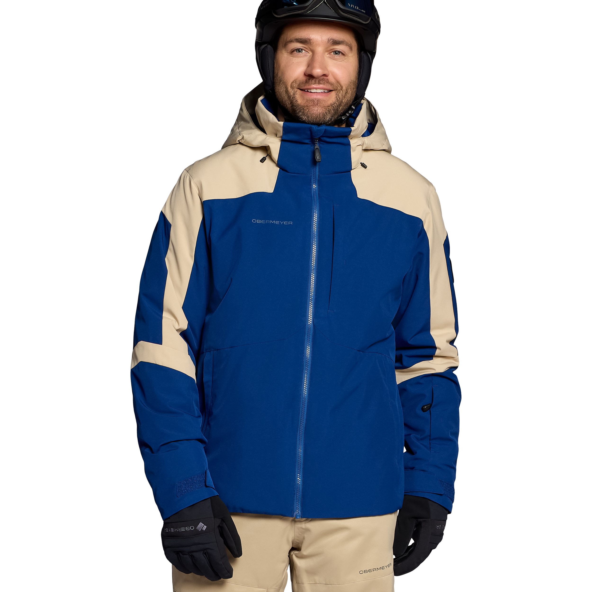 Men's insulated ski jacket in blue with tan side panels, full front zipper, hood