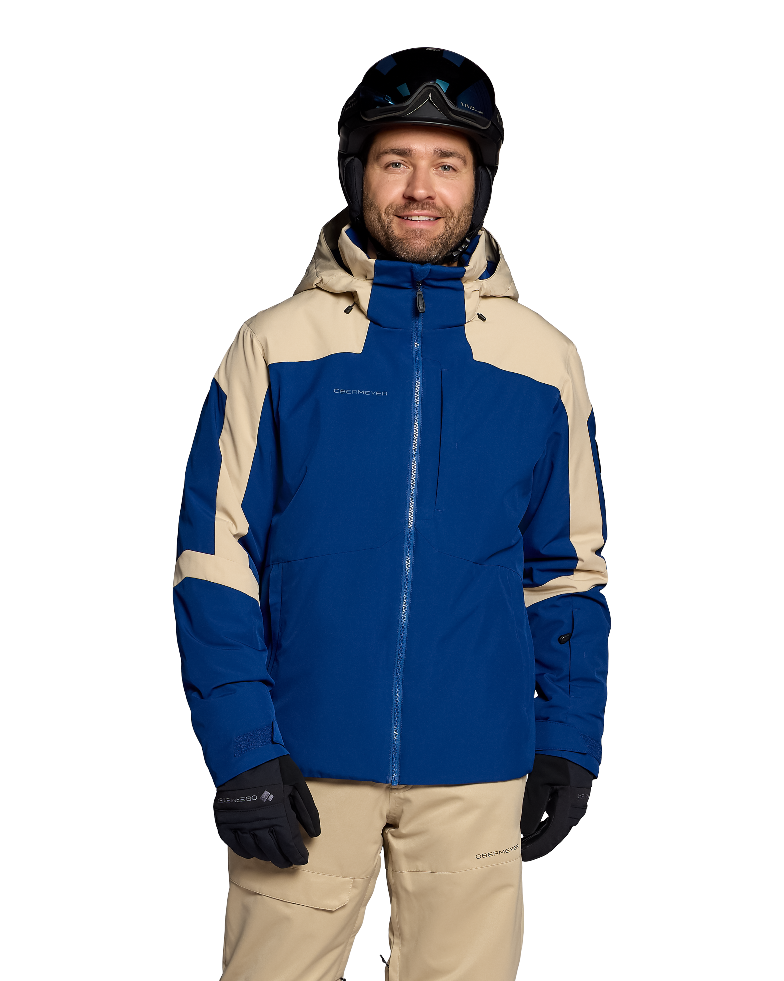 Men's insulated ski jacket in blue with tan side panels, full front zipper, hood