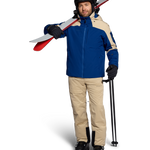 Insulated ski jacket, blue with tan panels, zip front and hooded collar