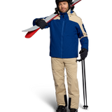 Insulated ski jacket, blue with tan panels, zip front and hooded collar