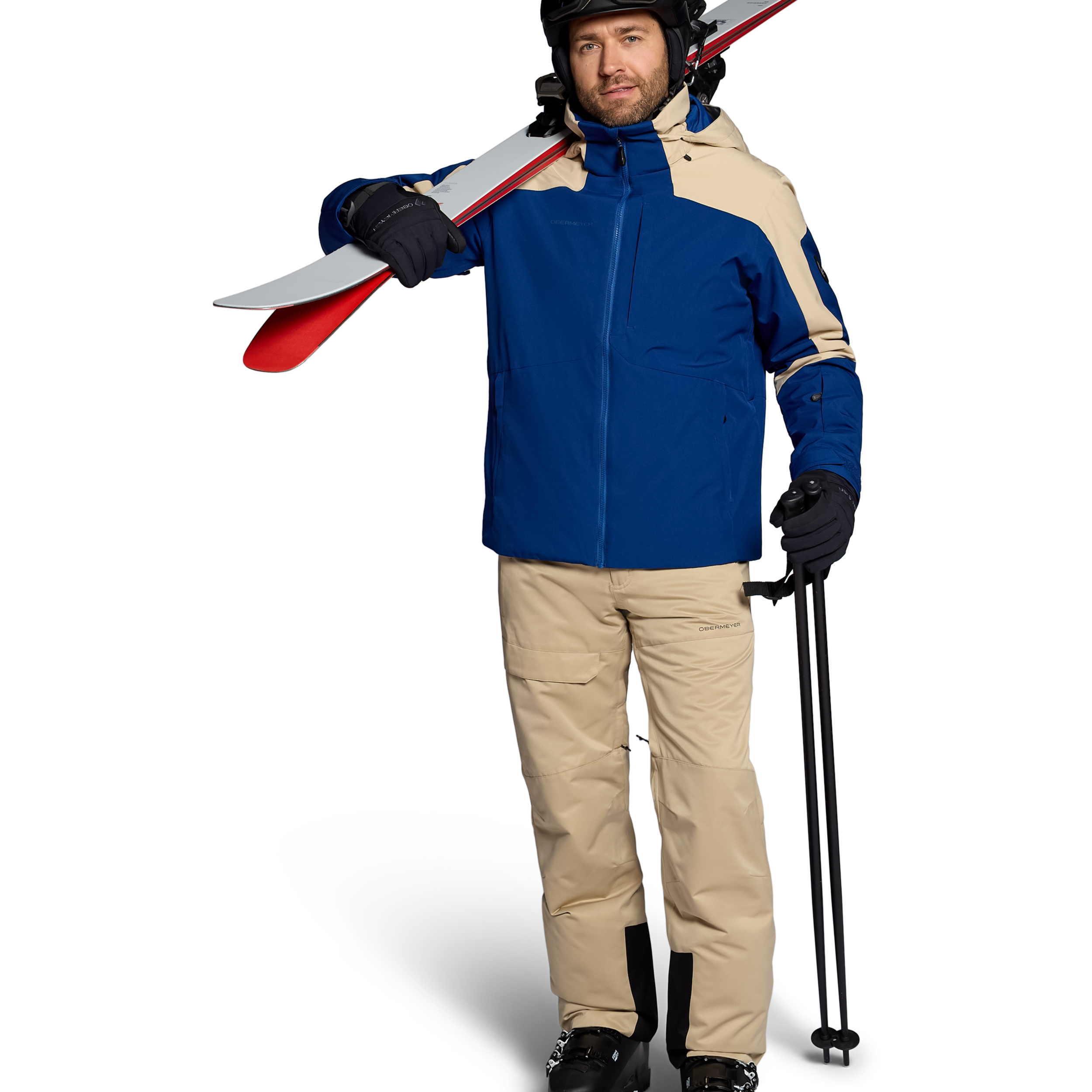 Insulated ski jacket, blue with tan panels, zip front and hooded collar