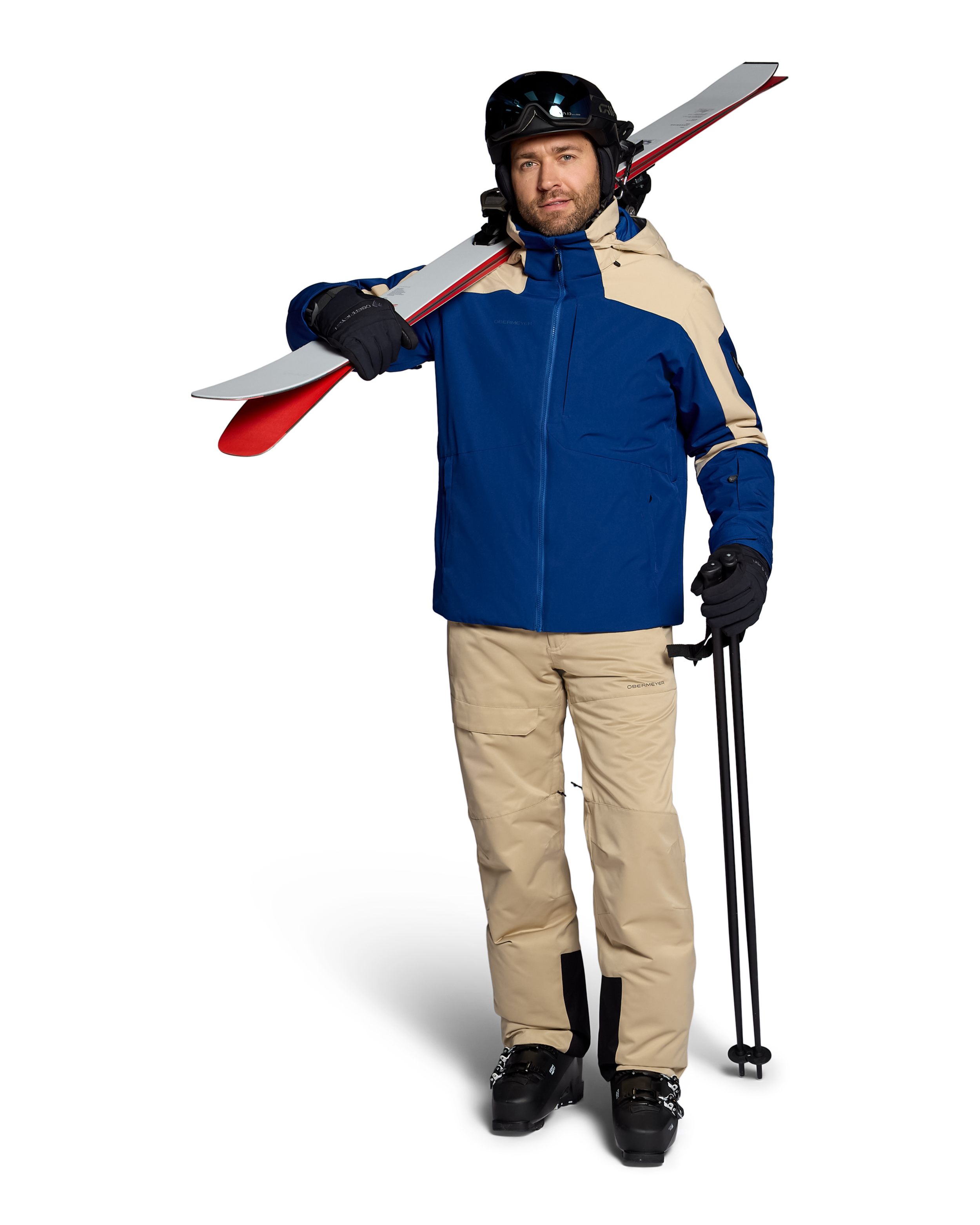 Insulated ski jacket, blue with tan panels, zip front and hooded collar