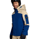 Insulated ski jacket with blue front and tan shoulder panels, hood, zip front