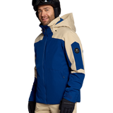 Insulated ski jacket with blue front and tan shoulder panels, hood, zip front