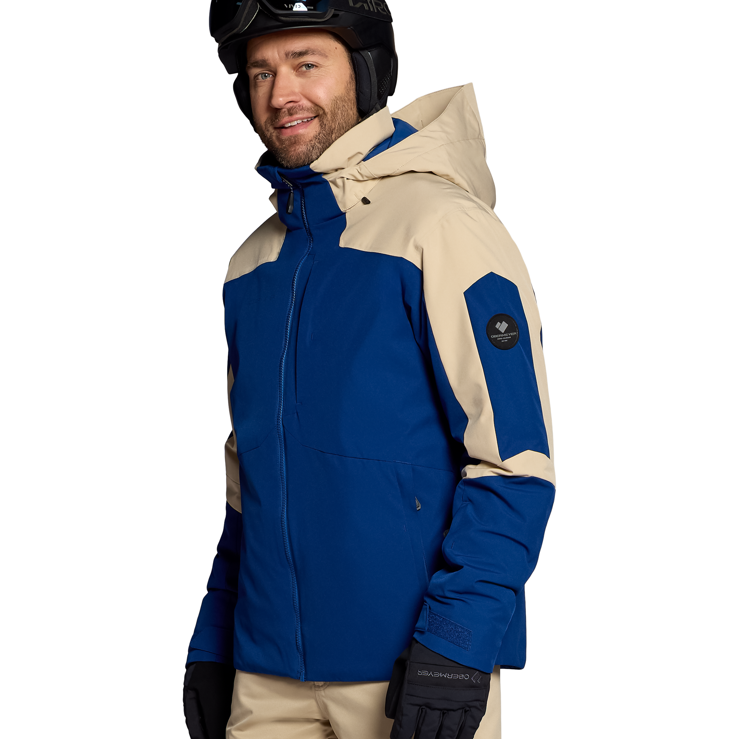 Insulated ski jacket with blue front and tan shoulder panels, hood, zip front