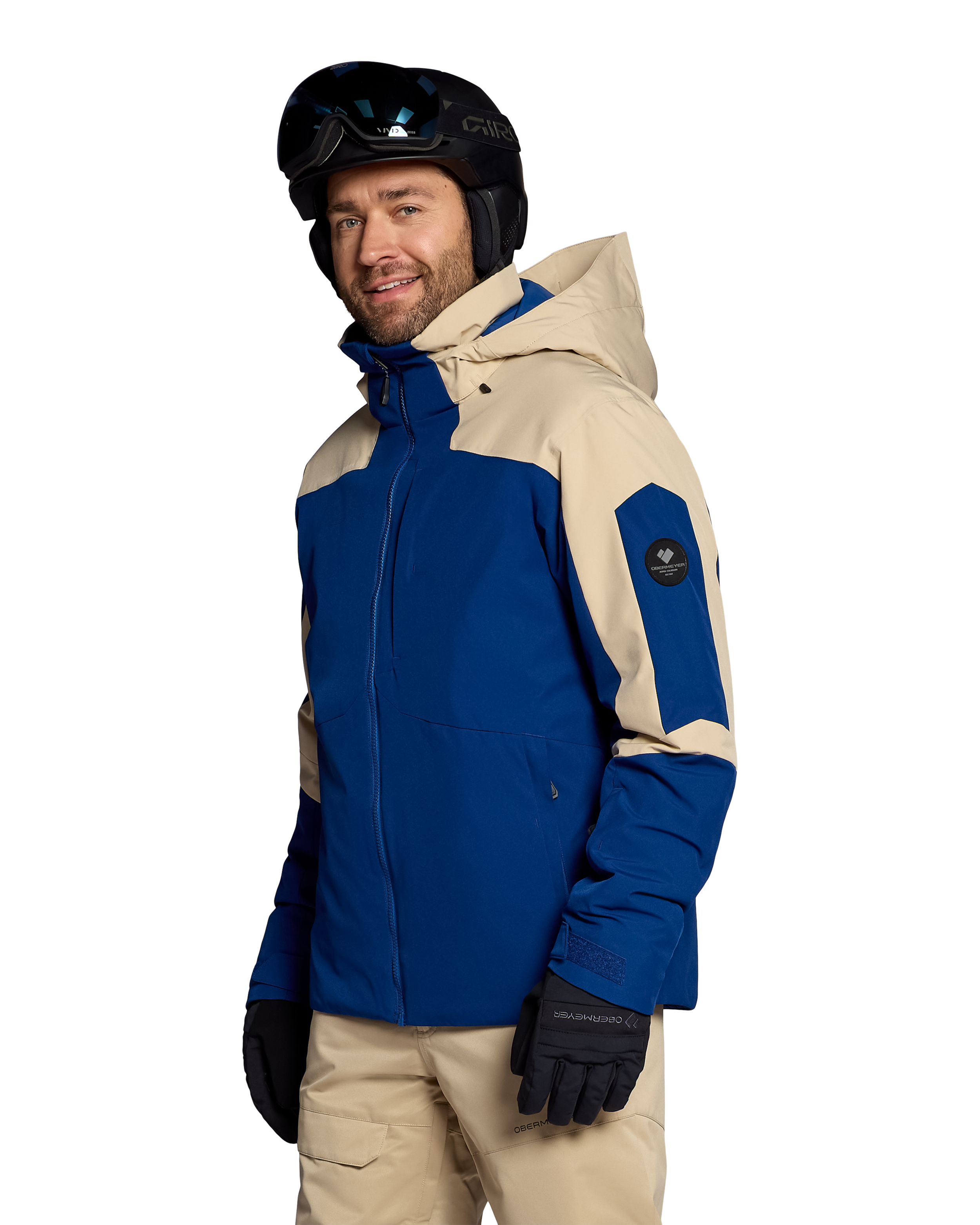 Insulated ski jacket with blue front and tan shoulder panels, hood, zip front