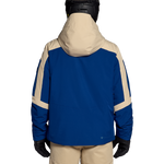 Insulated ski jacket back view in blue with tan shoulder stripes, hood, zip front