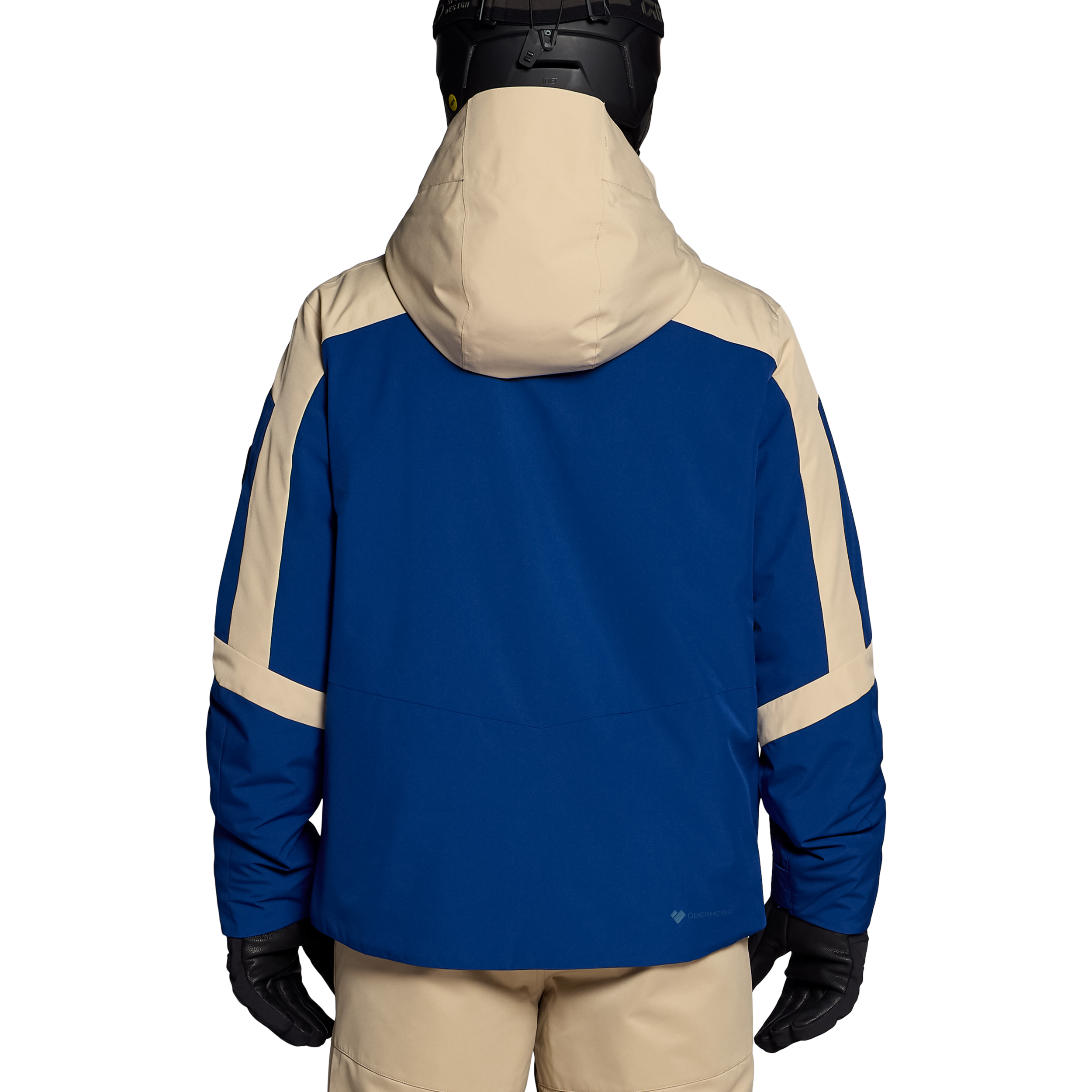 Insulated ski jacket back view in blue with tan shoulder stripes, hood, zip front