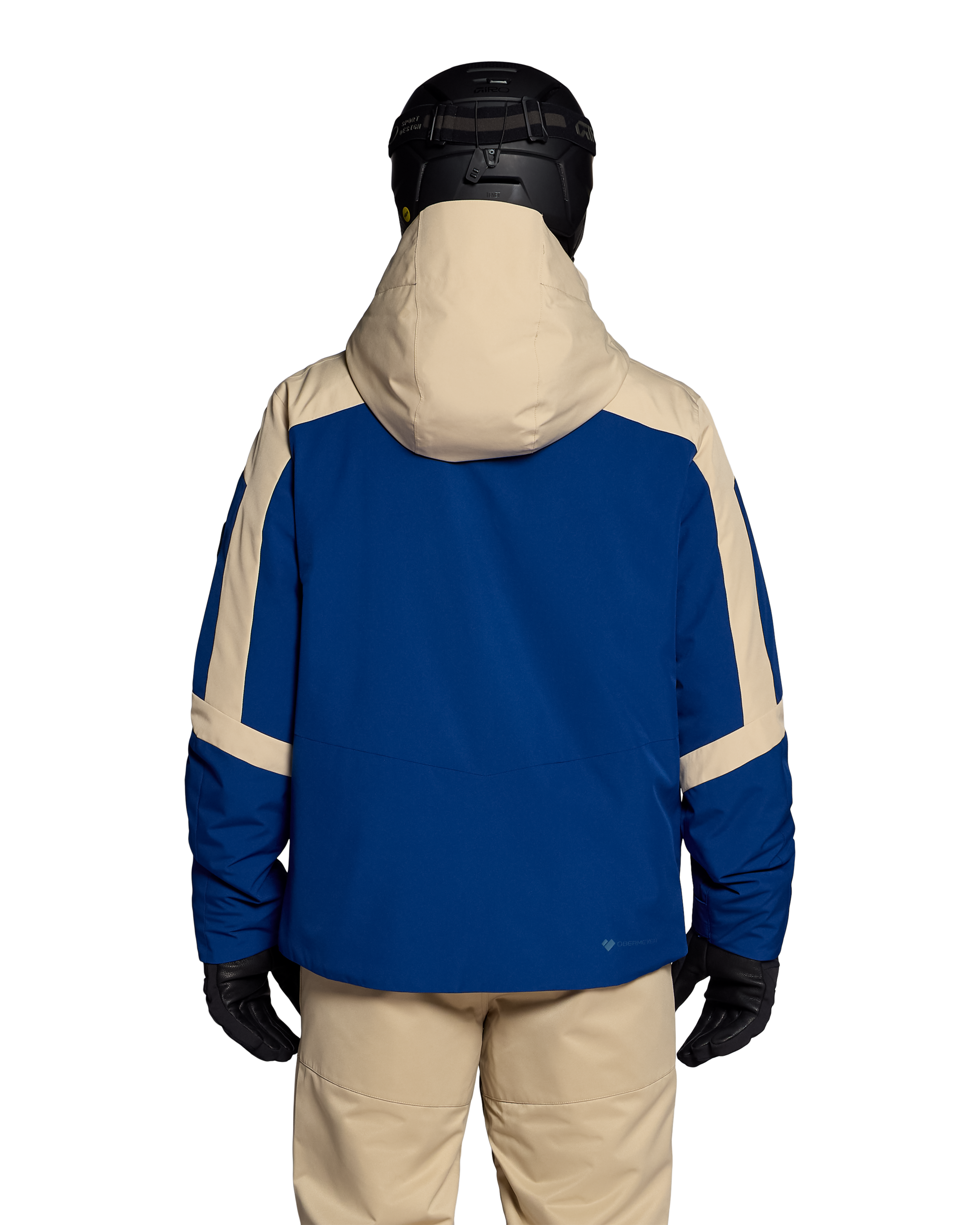 Insulated ski jacket back view in blue with tan shoulder stripes, hood, zip front