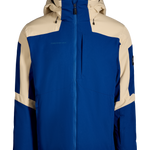 Front view insulated ski jacket, blue body with tan yoke, hood with drawcord