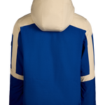 Back view insulated ski jacket, blue with tan hood and shoulder panels, full zip front