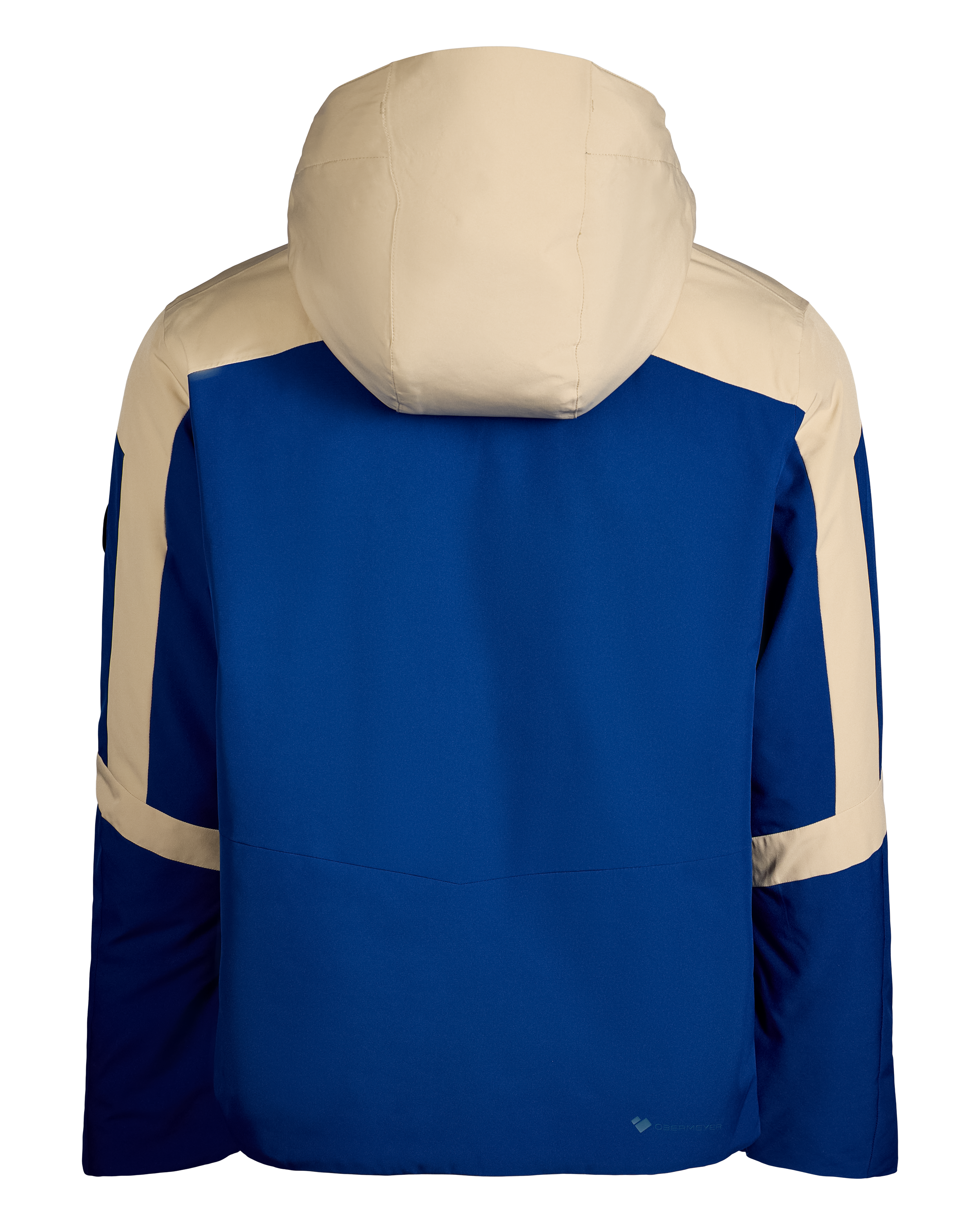 Back view insulated ski jacket, blue with tan hood and shoulder panels, full zip front