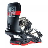 Rome 390 Boss Snowboard Bindings 2022 - Black bindings with red accents and a white logo on top of the left binding.