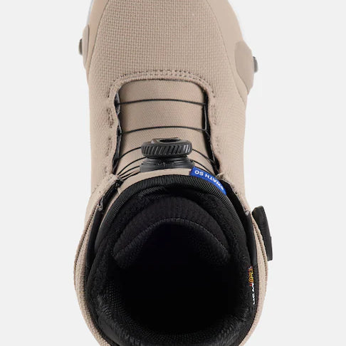 Burton Swath Step On Snowboard Boots 2025 - A pair of tan snowboard boots with black laces and a black strap on top.
