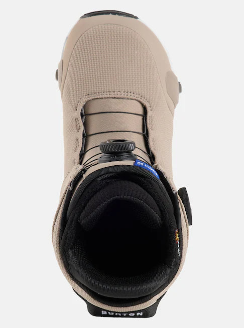 Burton Swath Step On Snowboard Boots 2025 - A pair of tan snowboard boots with black laces and a black strap on top.