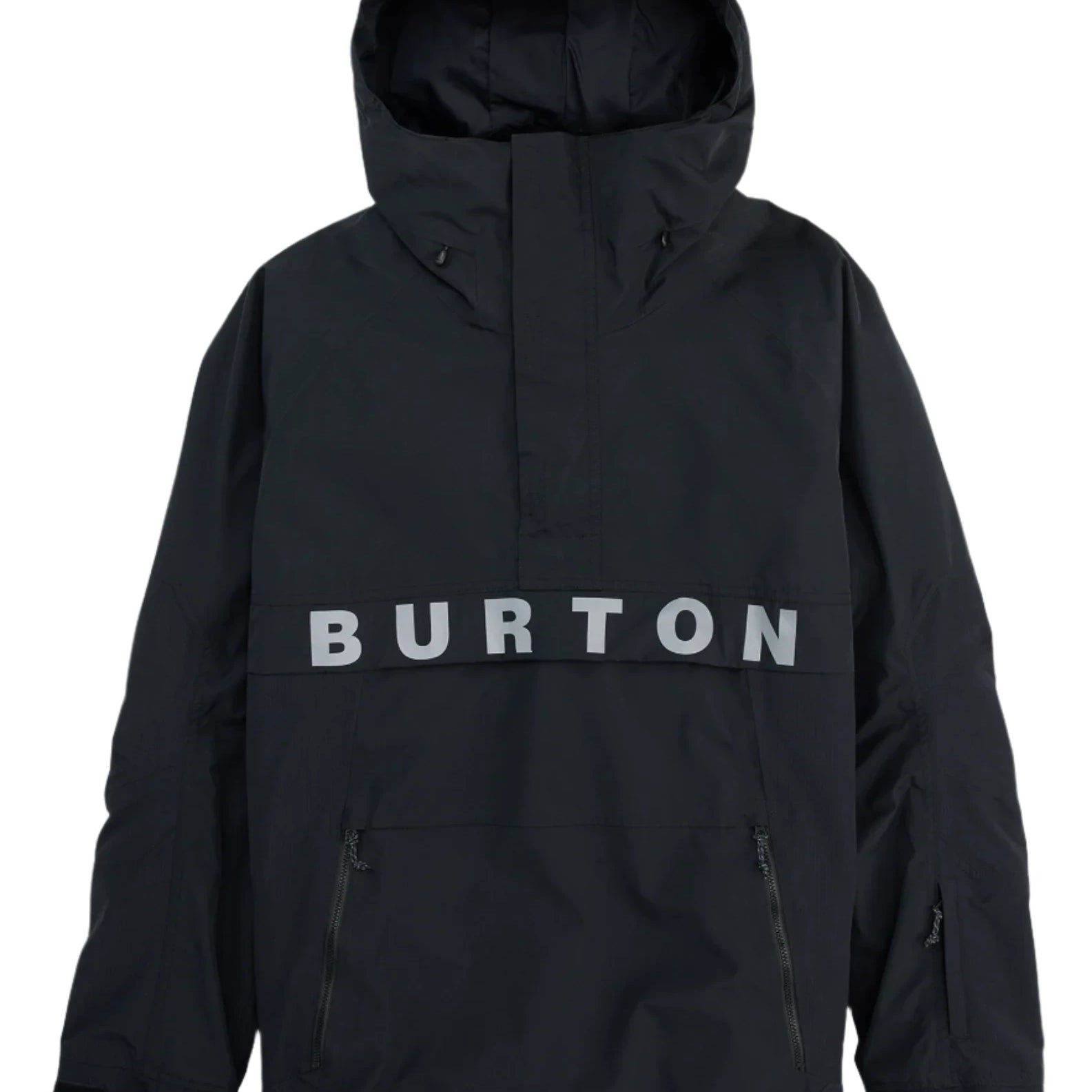 Burton Frostner 2L Anorak Jacket 2025 - A black jacket with a hood, featuring two zippered pockets on the front and a prominent "BURTON" logo across the chest in white.