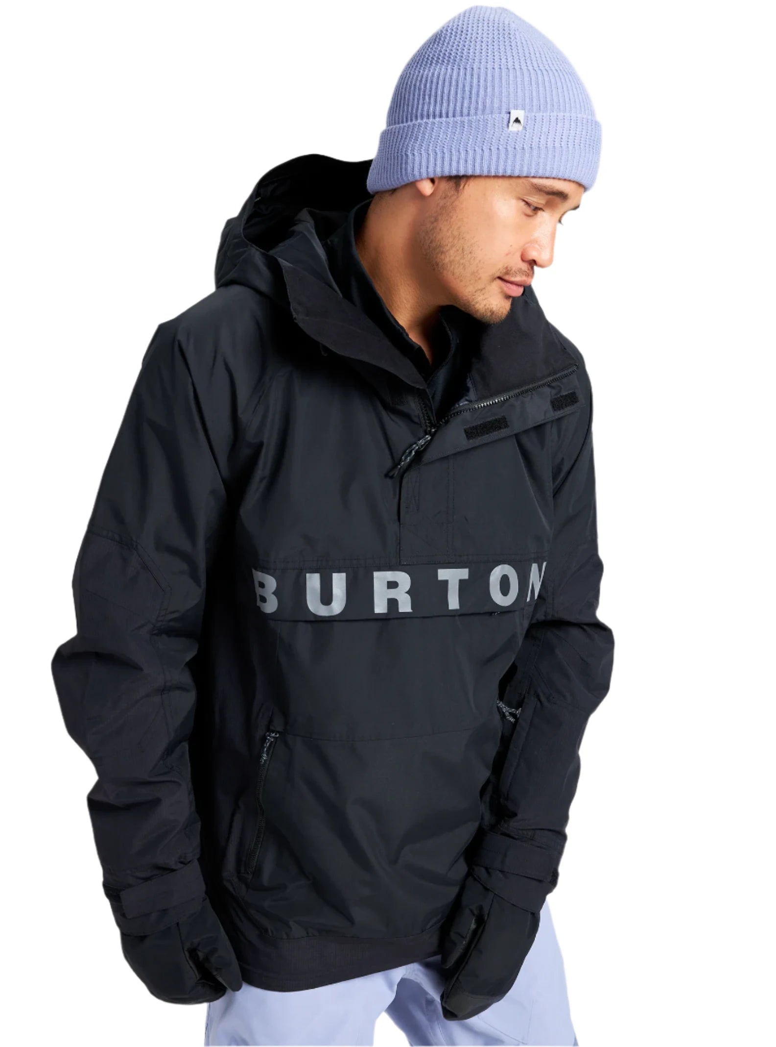 Burton Frostner 2L Anorak Jacket 2025 - A black jacket with a hood and zippered pockets, featuring the word "BURTON" in white across the chest.