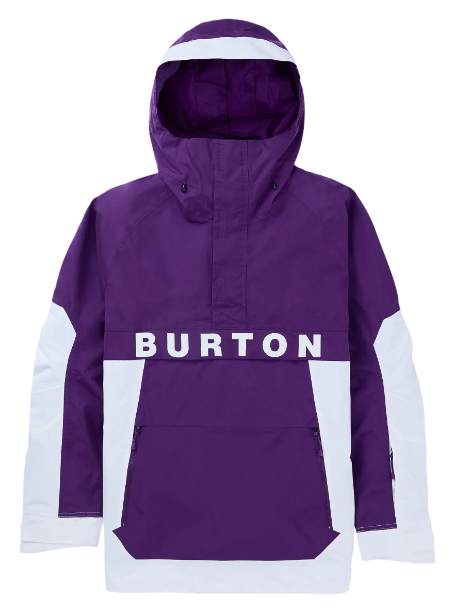 Burton Frostner 2L Anorak Jacket 2025 - A purple jacket with a white stripe on the hood and a large zippered pocket in front.