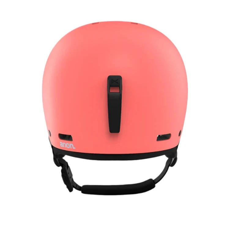 Anon Junior's Rime 3 Helmet - A coral-colored helmet with a black chin strap and ventilation holes on either side.