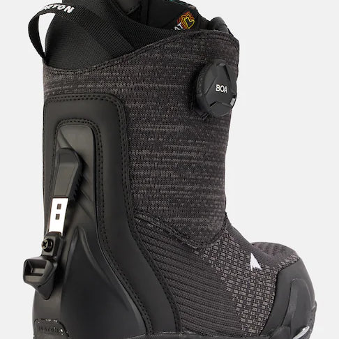 Burton Women's Ritual Step On Snowboard Boots 2025 - Black snowboard boots with a textured pattern on the upper material and white lettering on the heel.