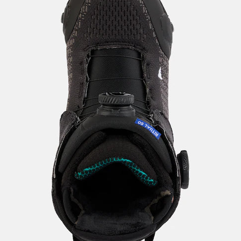 Burton Women's Ritual Step On Snowboard Boots 2025 - Black snowboard boots with a textured pattern on the upper and teal stitching on the tongue.