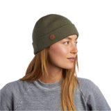 Coal Harbor Rib Knit Beanie 2025 - A dark green beanie with a brown leather patch on the front.