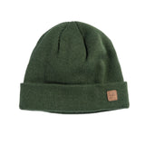 Coal Harbor Rib Knit Beanie 2025 - A dark green beanie with a ribbed texture and a small brown leather patch on the cuff that says "COAL" in black letters.