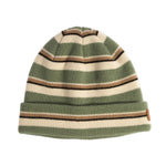 Striped knit beanie with green, beige, and brown colors on a white background