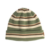 Striped knit beanie with green, beige, and brown colors on a white background