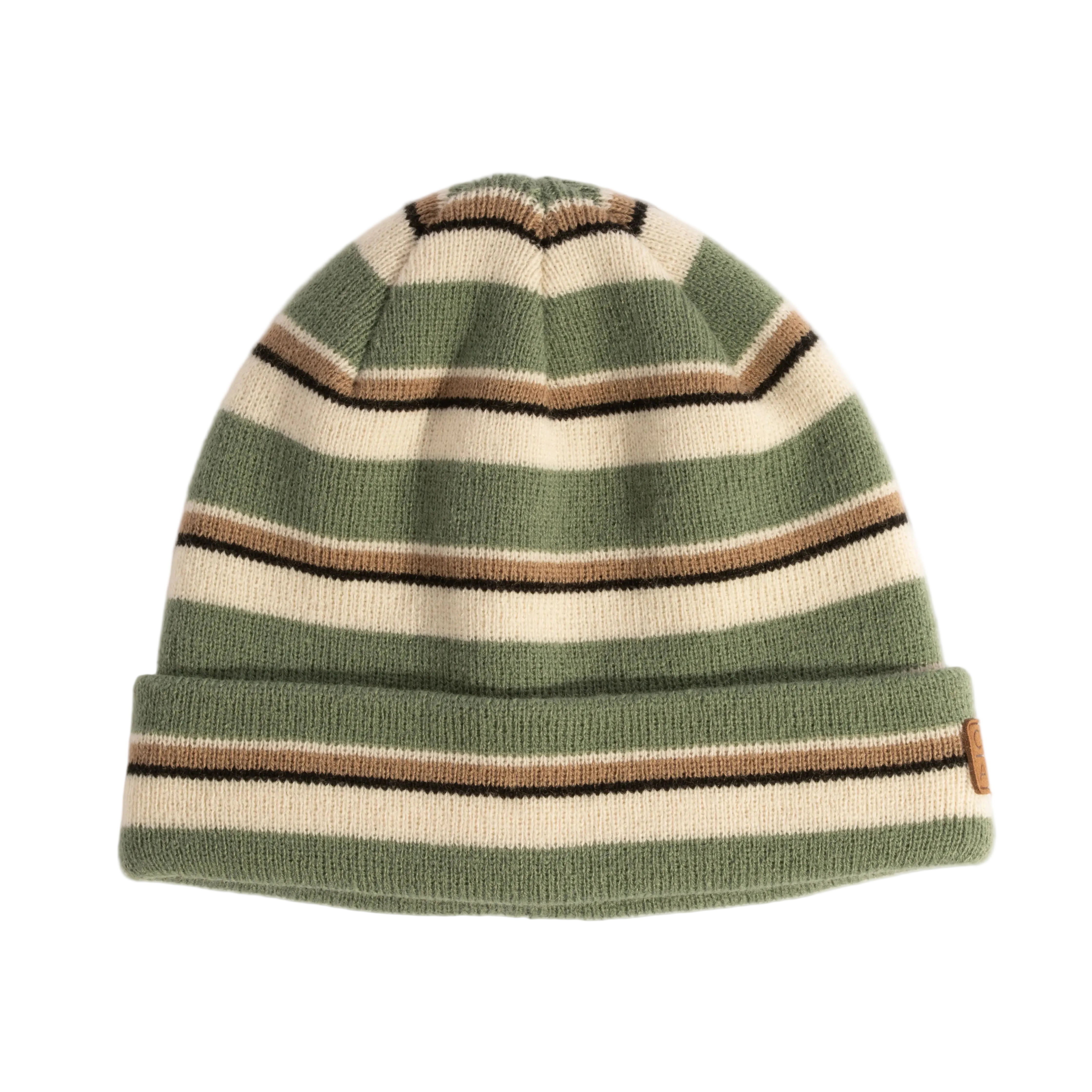 Striped knit beanie with green, beige, and brown colors on a white background