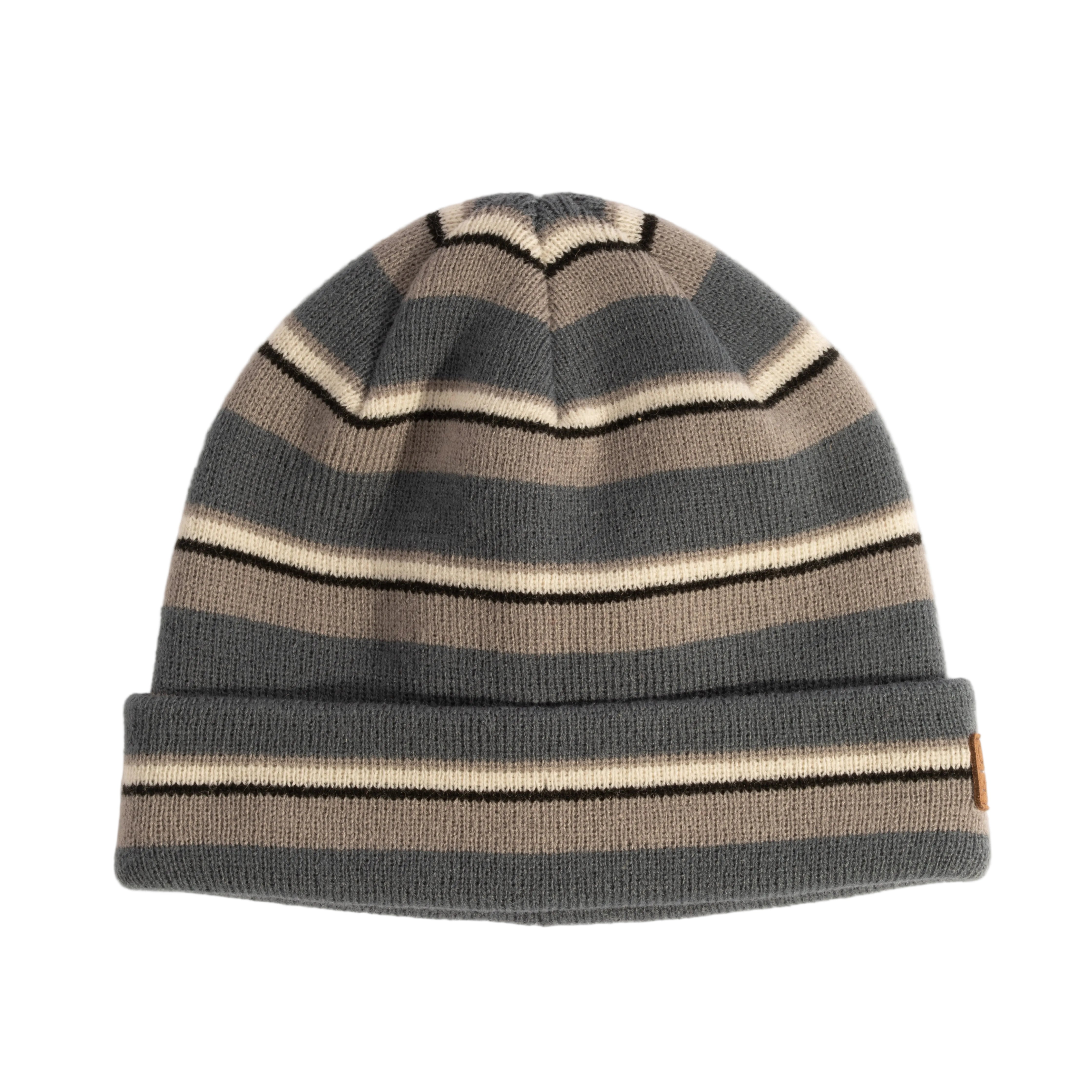 Striped knit beanie with gray, beige, and black stripes on a white background