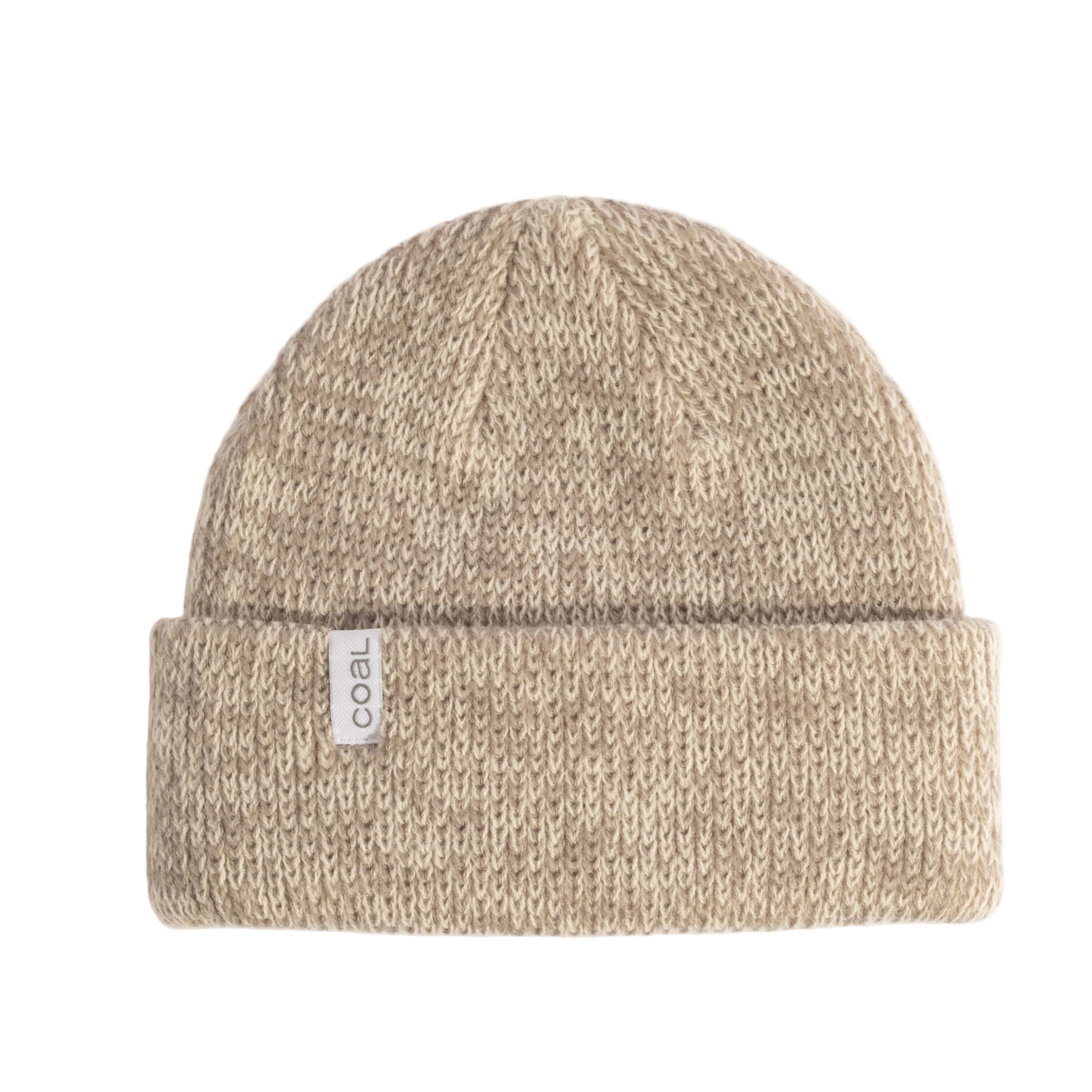Beige knit beanie with a Coal brand label on a light background