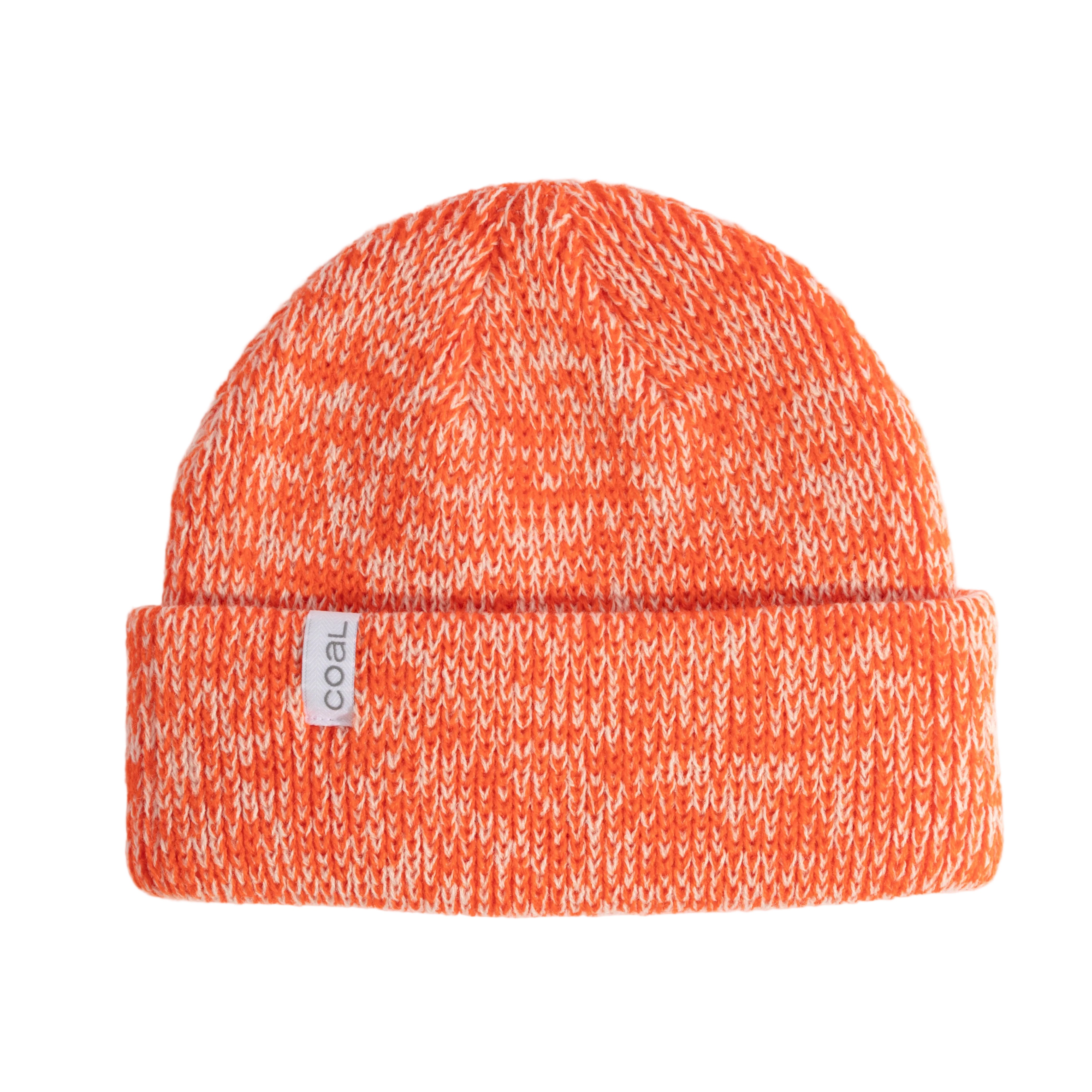 Orange knit beanie with a Coal brand logo on a white background