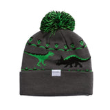 Coal Junior's Toy Bin Pom Beanie 2025 - A gray beanie with a green pom-pom on top and a repeating pattern of black and green toy bins.