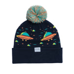 Coal Junior's Toy Bin Pom Beanie 2025 - A navy blue beanie with a colorful pom-pom on top and an embroidered toy bin design in shades of orange, yellow, green, and teal.