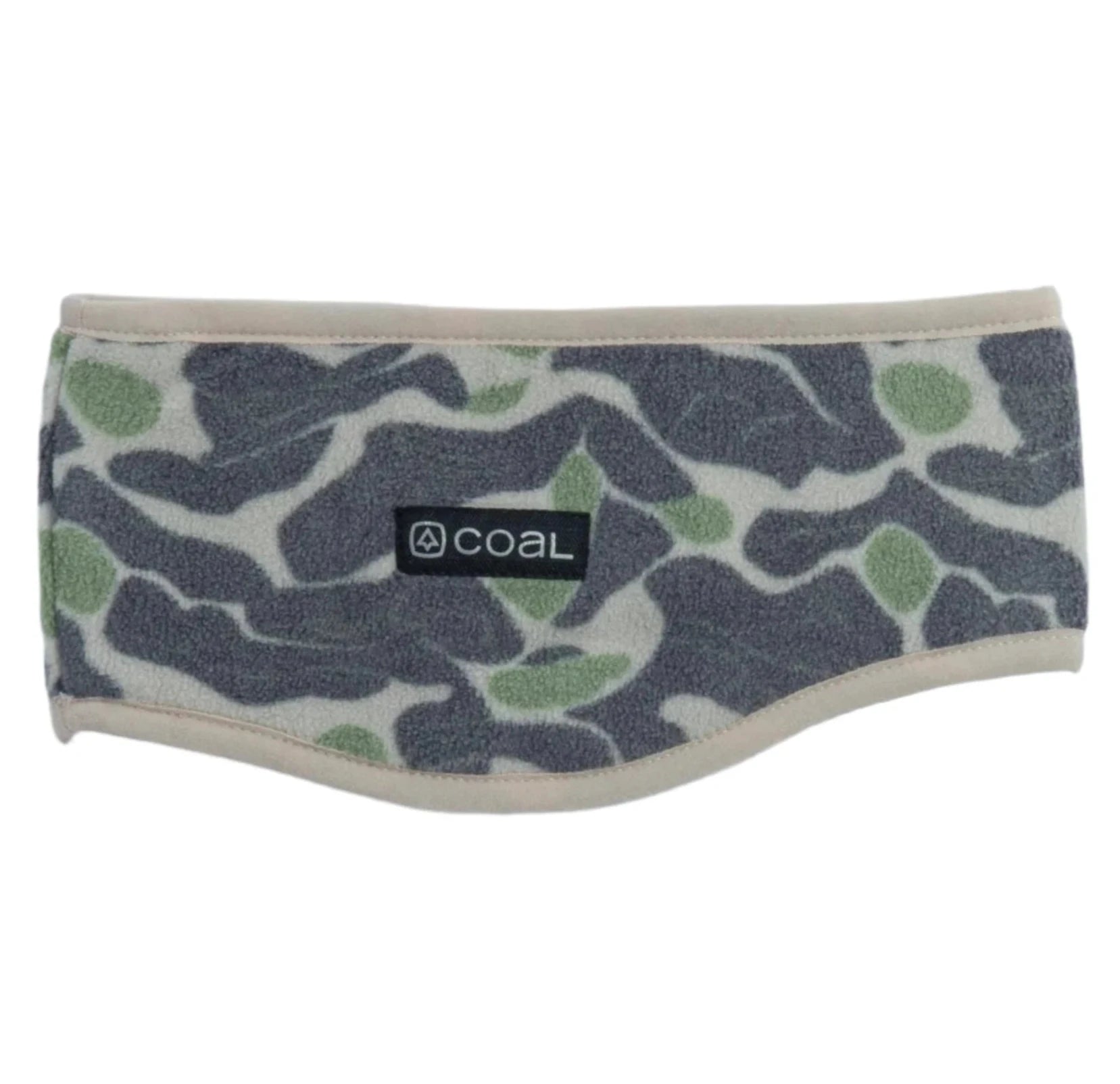 Coal New Jack Ear Warmer 2025 - A gray ear warmer with a green and white abstract pattern, featuring a black label with "COAL" in white letters.