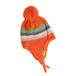 Orange knit hat with striped pattern and pom-pom on a light gray background