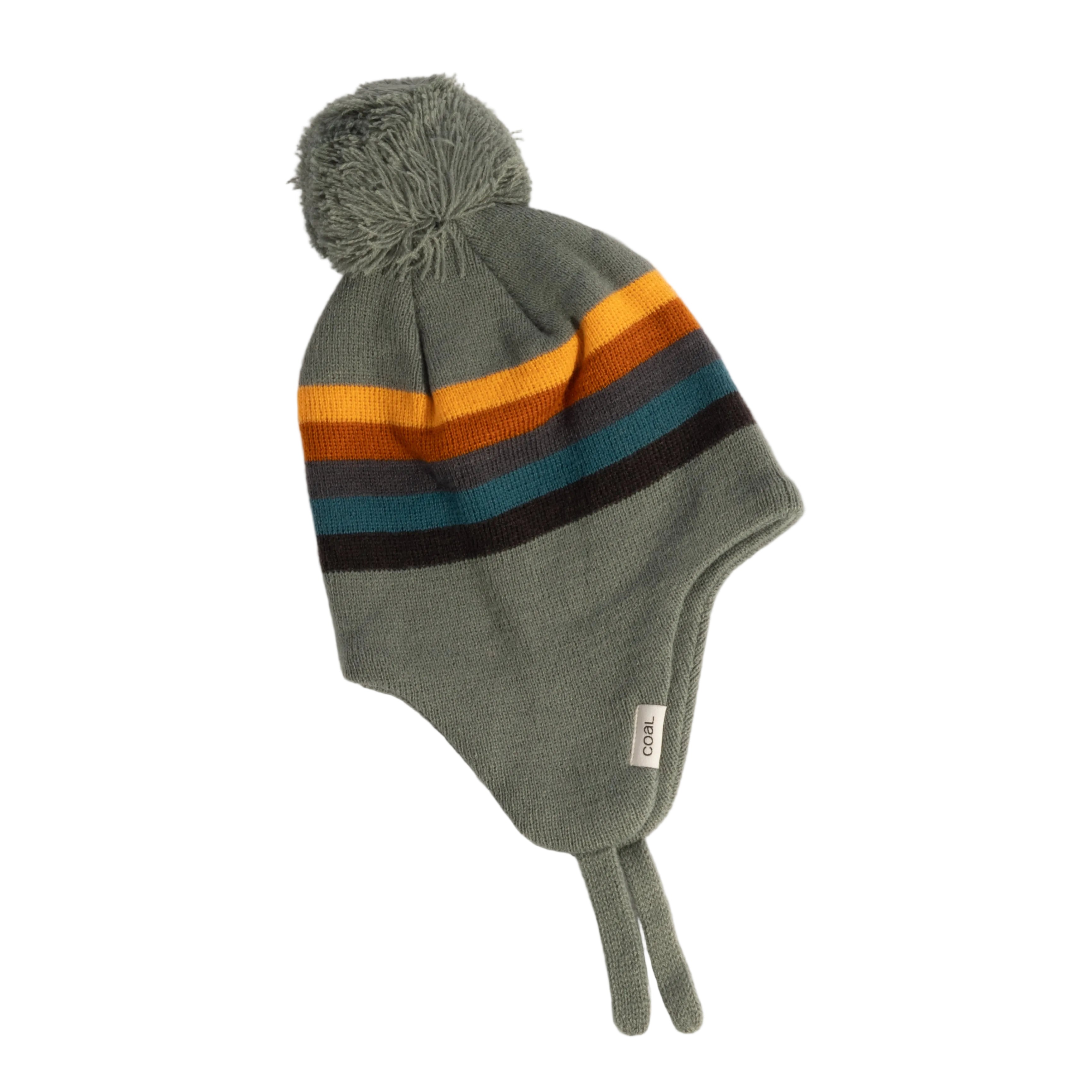 Green knit hat with colorful stripes and a pom-pom on a light gray background