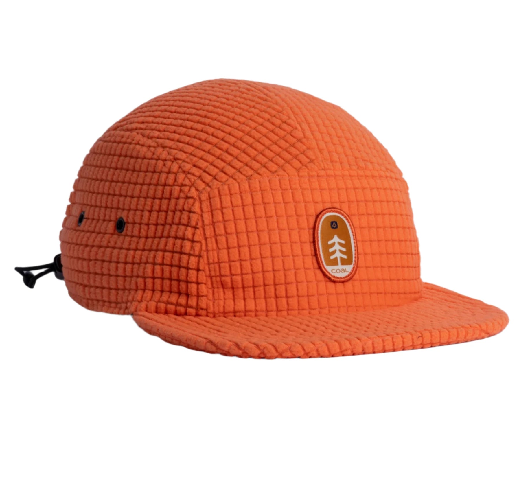 Coal Canyon 5 Panel Cap 2025 - A coral-colored cap with a grid pattern and black drawstring on the back.
