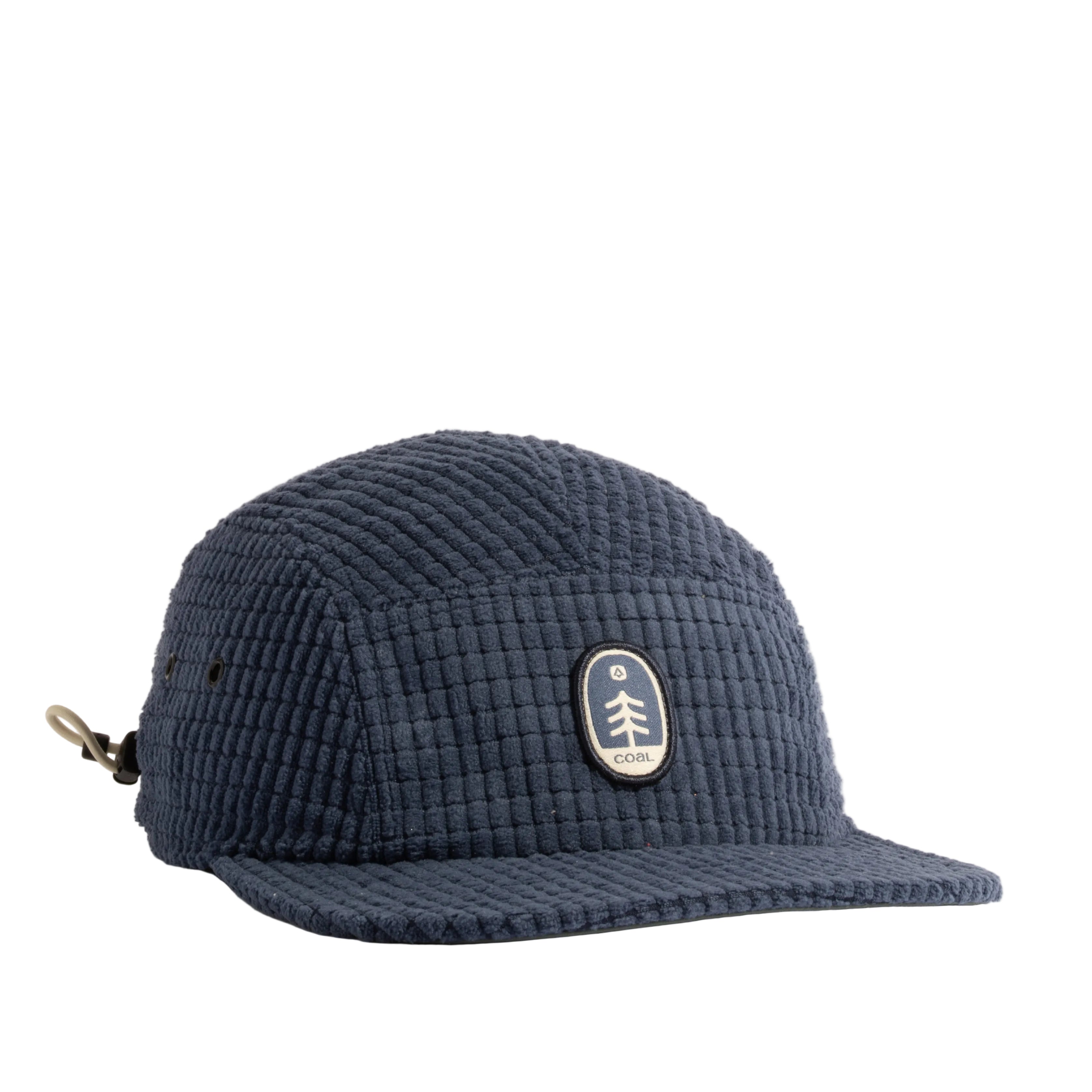 Blue textured 5-panel cap with a logo on a light gray background
