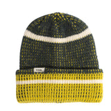 Knitted beanie with striped pattern on a white background