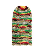 Multicolored braided rug style beanie on a light gray background