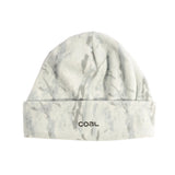Marble-patterned beanie with 'coal' logo on a light gray background